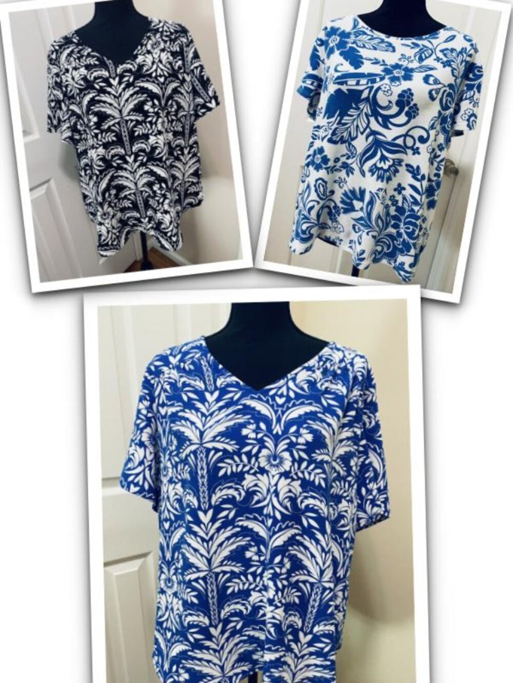(3) Women's XL Floral SS Tees, Croft & Barrow, Blue & White, Black & White, EUC